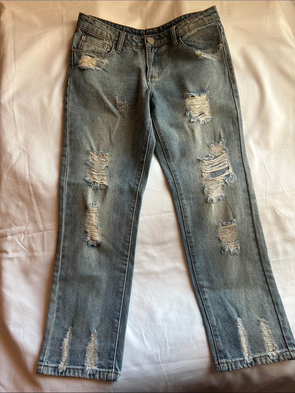 POL Straight Leg Distressed Jeans - Light Blue